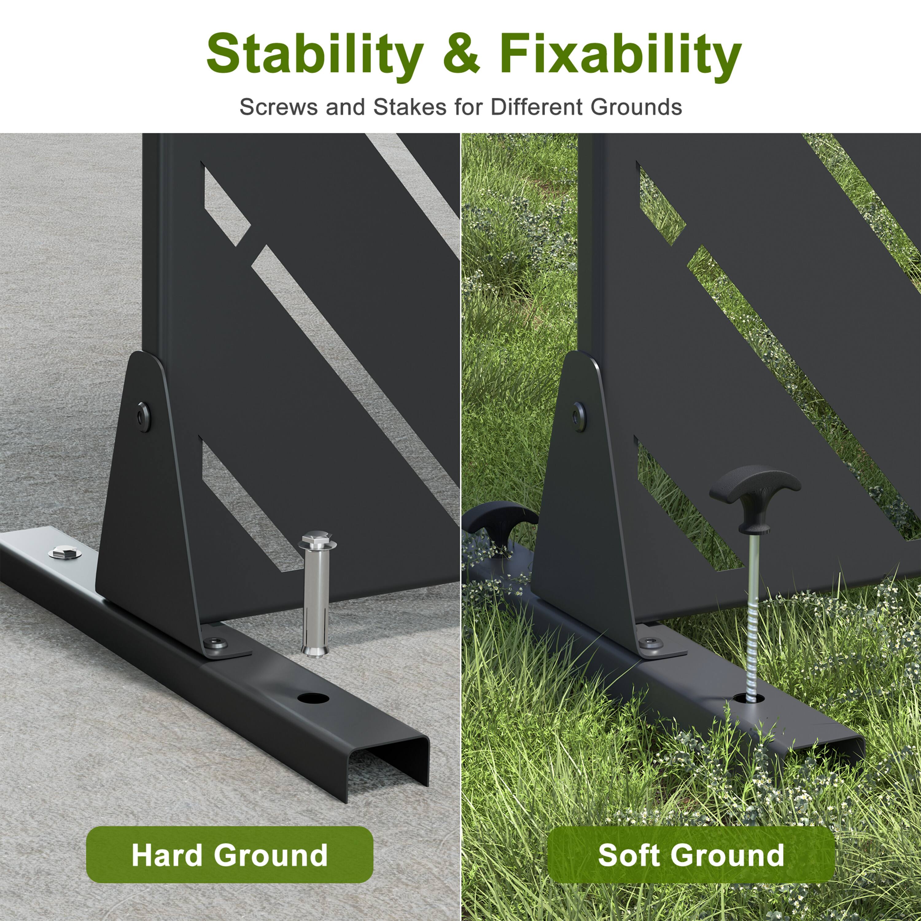 Stability & Fixability  
Screws and Stakes for Different Grounds  

Hard Ground  
Soft Ground