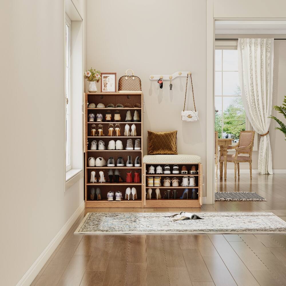 Alt View 2. Loheer - Loheer oak shoe storage cabinet with bench and louvered doors - Oak.