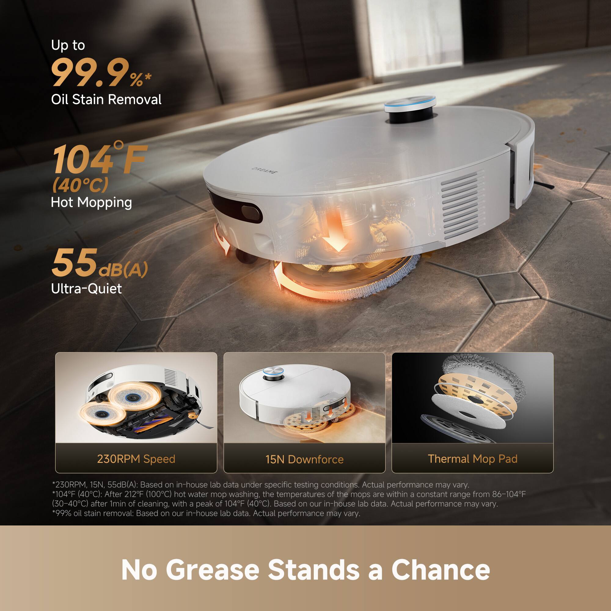 Up to 99.9%* Oil Stain Removal  
104°F (40°C) Hot Mopping  
55 dB(A) Ultra-Quiet  
230RPM Speed  
15N Downforce  
Thermal Mop Pad  

230RPM, 15N, 55dB(A): Based on in-house lab data under specific testing conditions. Actual performance may vary.  
104°F (40°C): After 212°F (100°C) hot water mop washing, the temperatures of the mops are within a constant range from 86-104°F (30-40°C) after 1 min of cleaning, with a peak of 104°F (40°C). Based on our in-house lab data. Actual performance may vary.  
99% oil stain removal: Based on our in-house lab data. Actual performance may vary.  

No Grease Stands a Chance