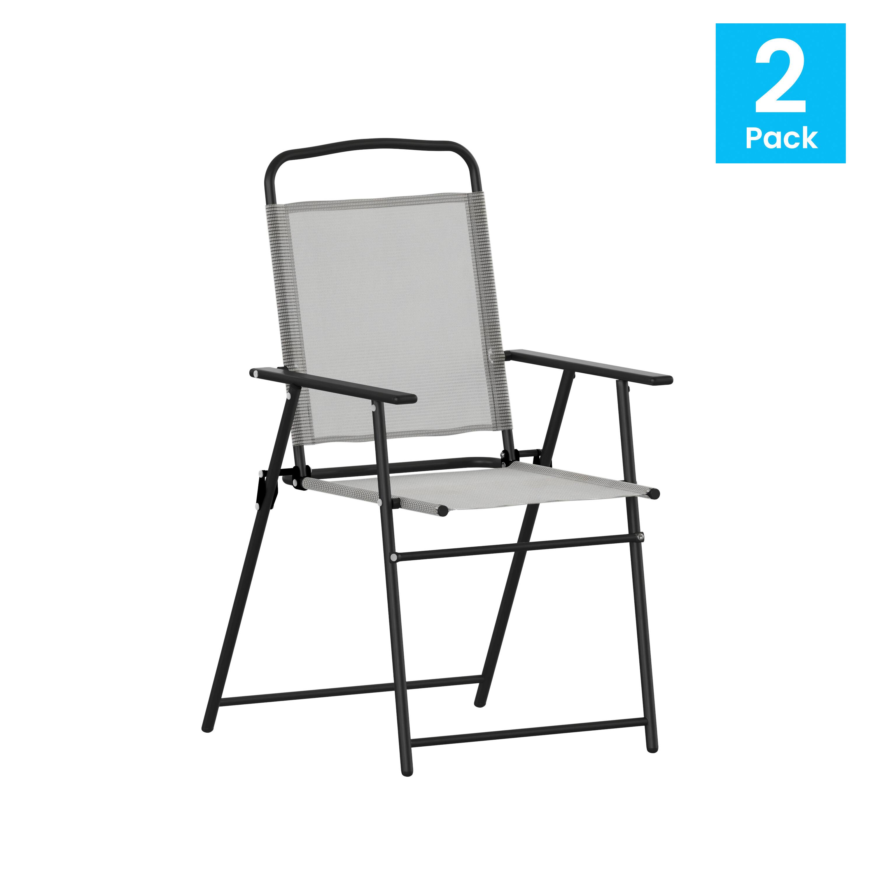 Alt View 1. Emma + Oliver - Munroe Set of 2 Textilene Folding Sling Style Patio Chairs with Armrests - Gray.