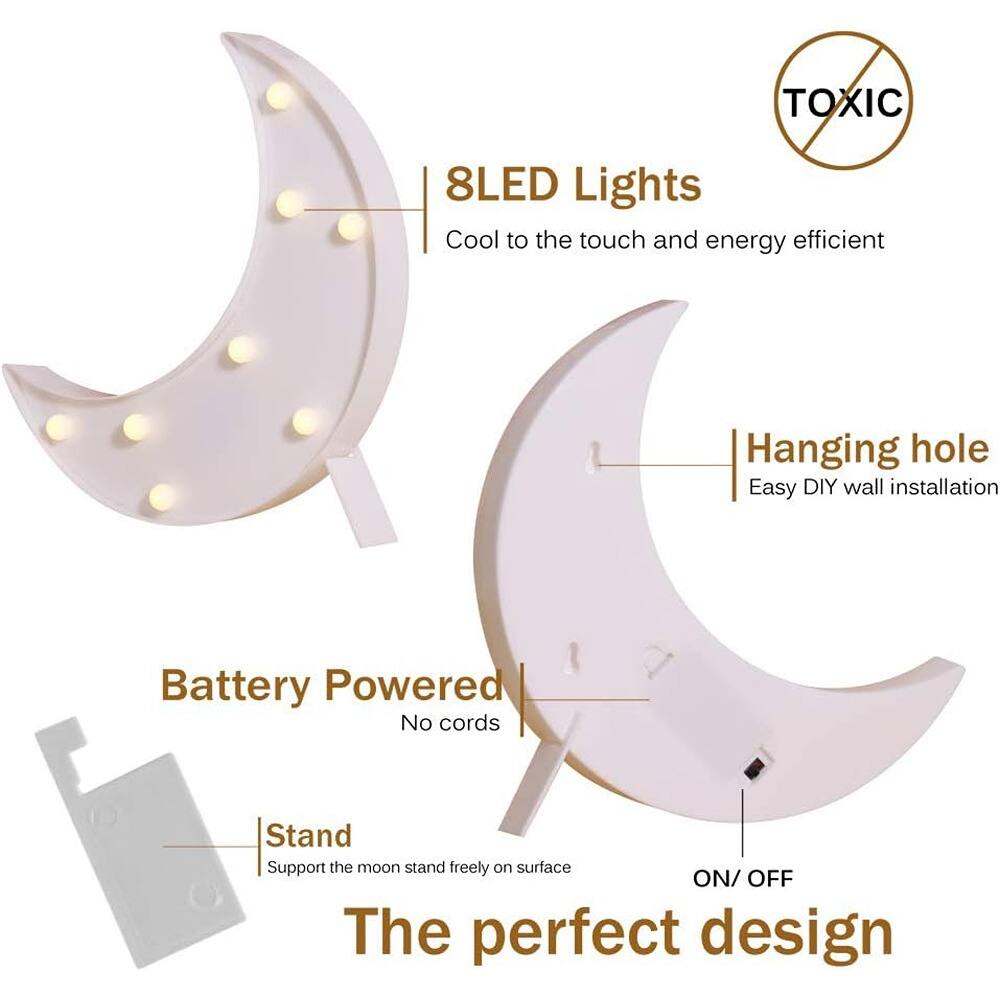 - **8LED Lights**
  - Cool to the touch and energy efficient

- **Hanging hole**
  - Easy DIY wall installation

- **Battery Powered**
  - No cords

- **Stand**
  - Support the moon stand freely on surface

- **ON/OFF**

- **The perfect design**

- **TOXIC**