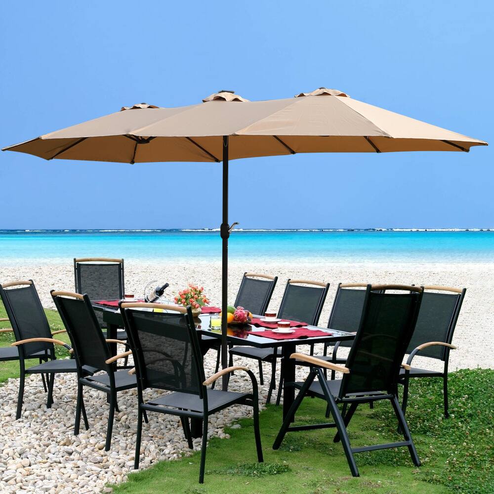 Alt View 4. Ecooso - 15x9ft Large Double-Sided Rectangular Outdoor Twin Patio Market Umbrella with light and base - taupe.