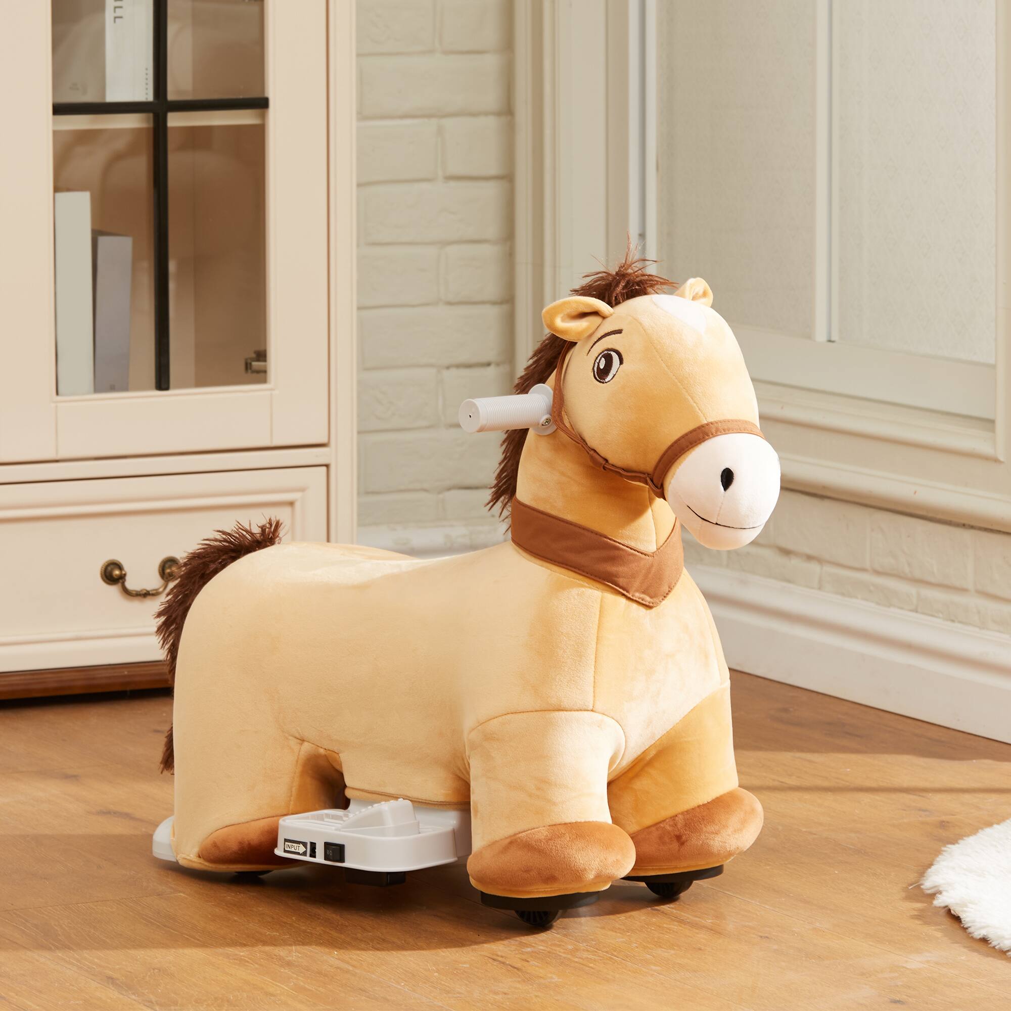 Alt View 6. Glintex - Electric Ride-On Horse for Kids with Music, Soft Seat, and Smooth PU Wheels - Brown.