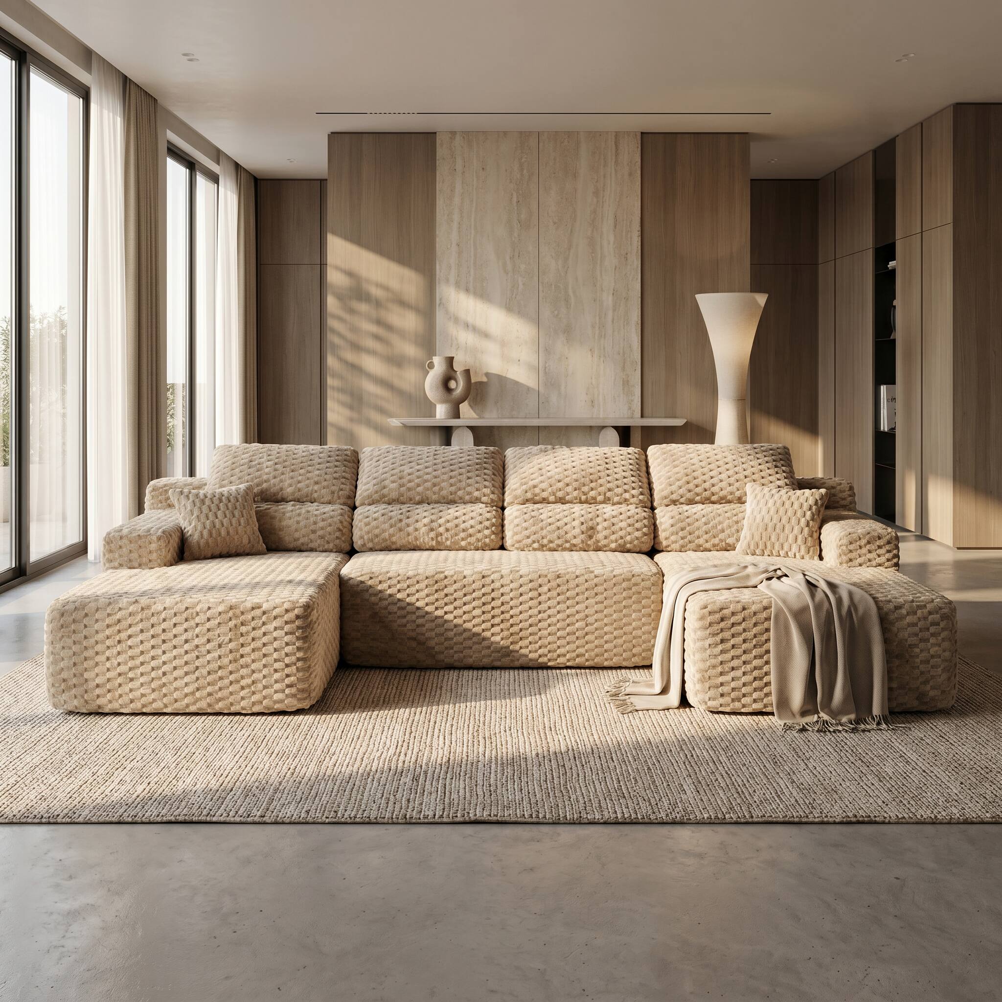 Alt View 2. Famapy - 135" Width Compressed Sectional Sofa No Assembly High-Density Foam, Pet-Friendly 3-Color Choice for Living Room - Beige.