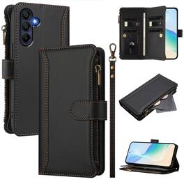 Dteck - Crossbody Wallet Case for Samsung Galaxy A16 5G, Shockproof Zipper PU Leather Flip Stand Cover with 9 Card Slots - Black