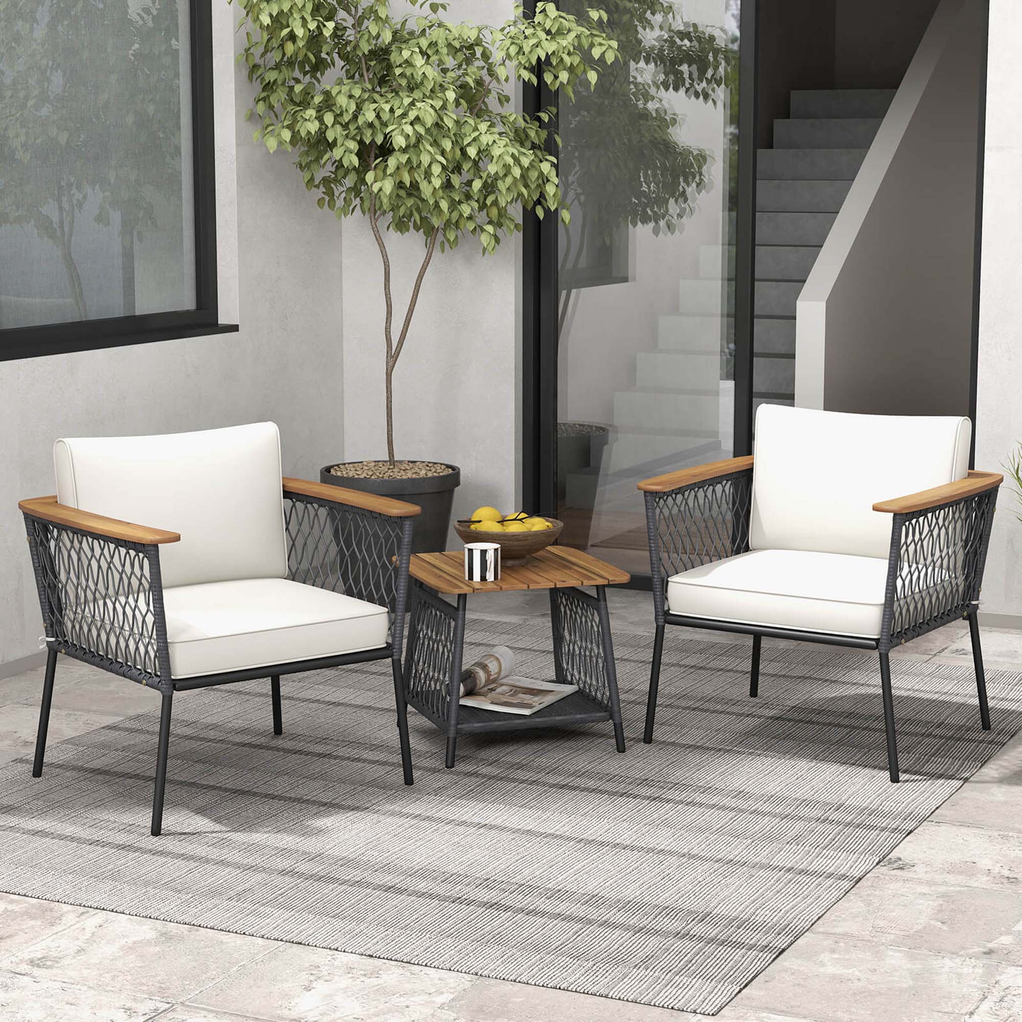 Alt View 4. Costway - 3 PCS Patio Furniture Set with 2-Tier Coffee Table Acacia Wood Armrests Tabletop - Gray,Off White.