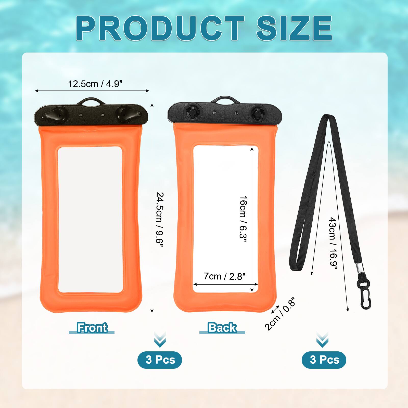 PRODUCT SIZE

Front
- 12.5cm / 4.9"
- 24.5cm / 9.6"
- 16cm / 6.3"
- 7cm / 2.8"

Back
- 2cm / 0.8"

3 Pcs

43cm / 16.9"

3 Pcs