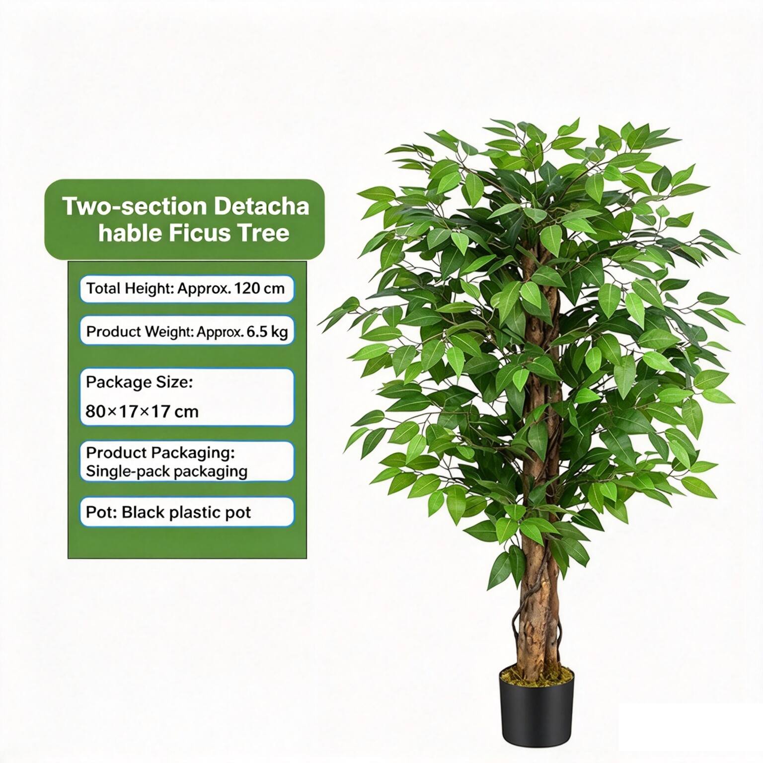 Two-section Detachable Ficus Tree

Total Height: Approx. 120 cm
Product Weight: Approx. 6.5 kg
Package Size: 80x17x17 cm
Product Packaging: Single-pack packaging
Pot: Black plastic pot