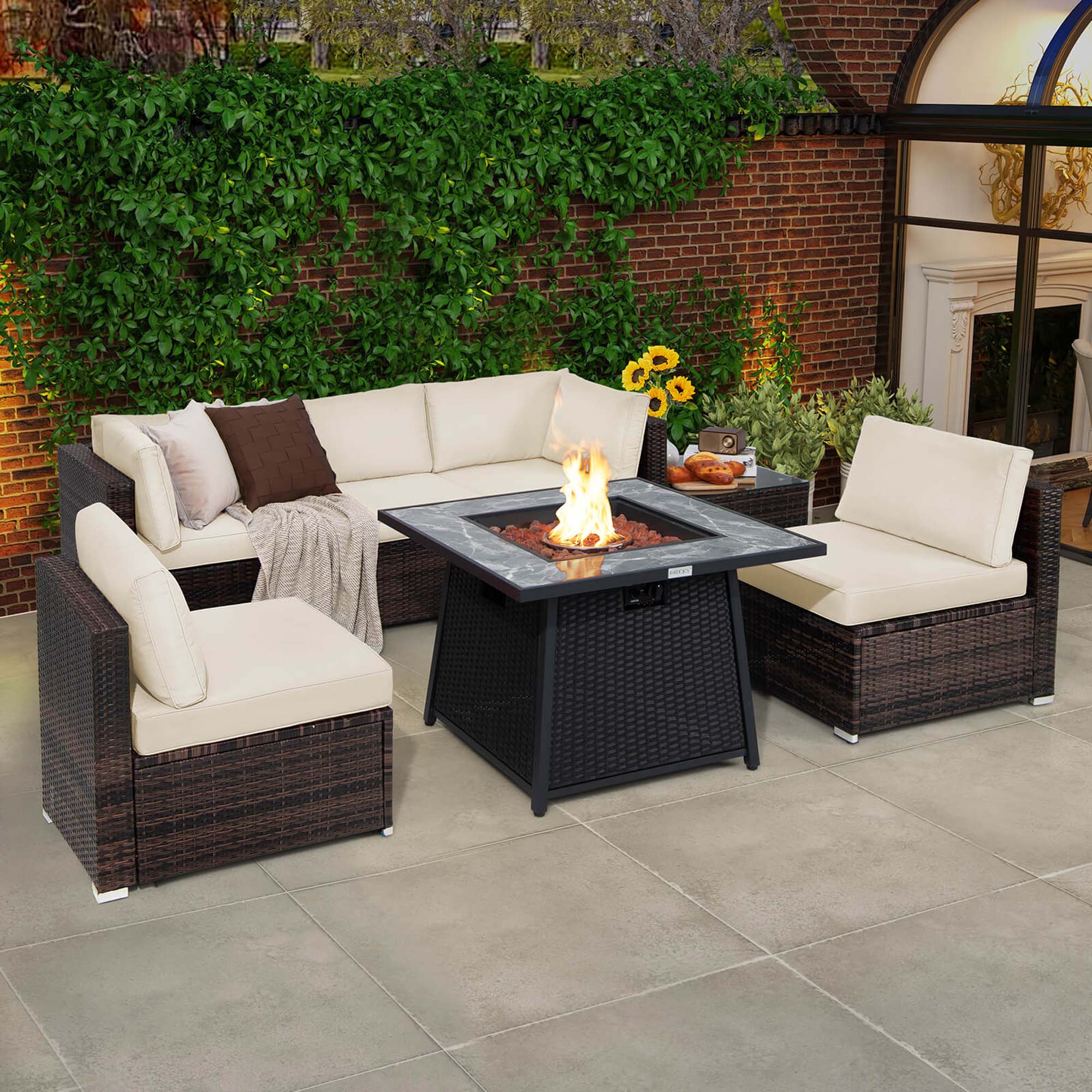 Alt View 4. Costway - 7 PCS Patio Furniture Set with 35" Propane Gas Fire Pit Table & Waterproof Cover - White.