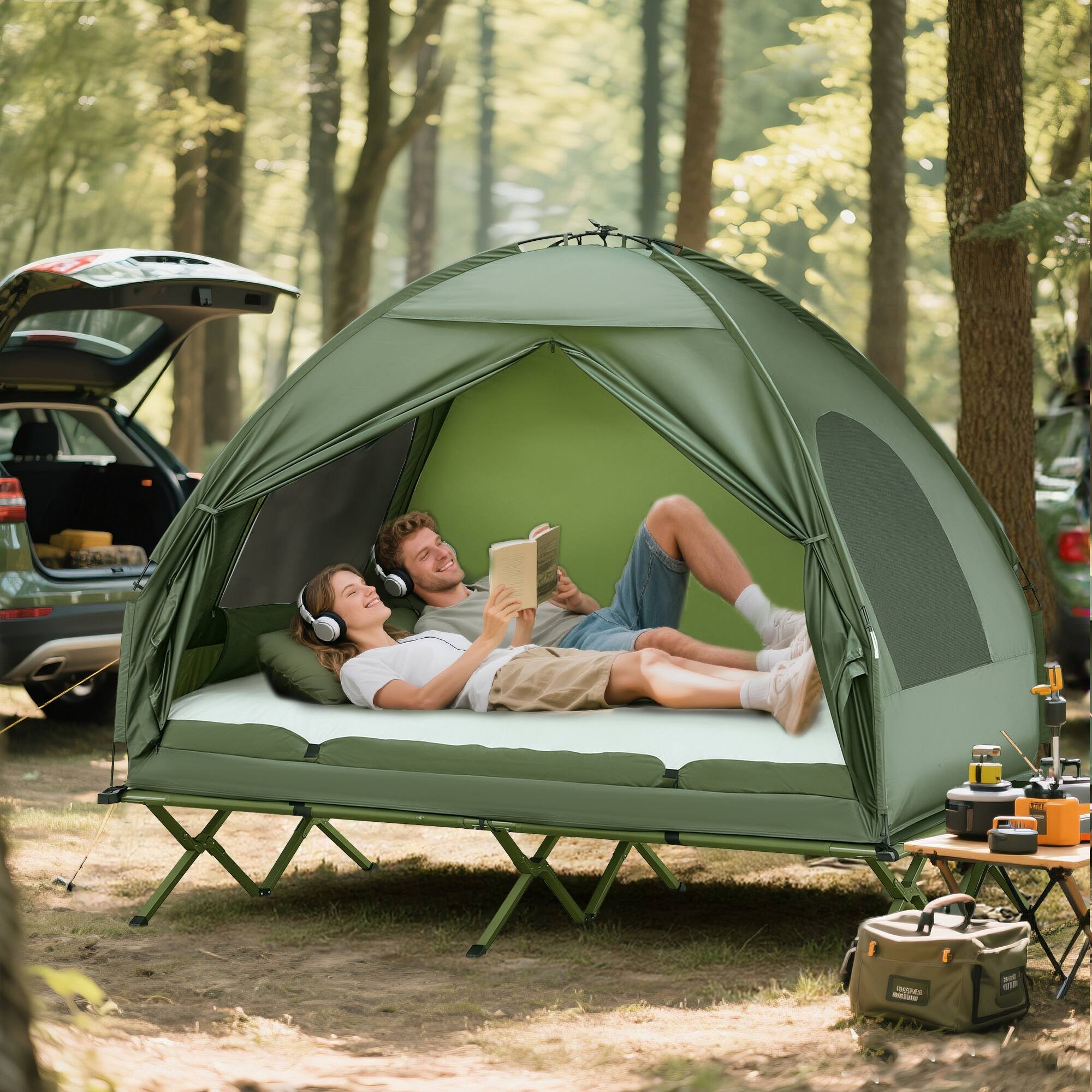Alt View 1. Outsunny - Tent Cot, 4-in-1 Elevated Camping Bed Combo with Air Mattress, Bed Cover - Dark Green.