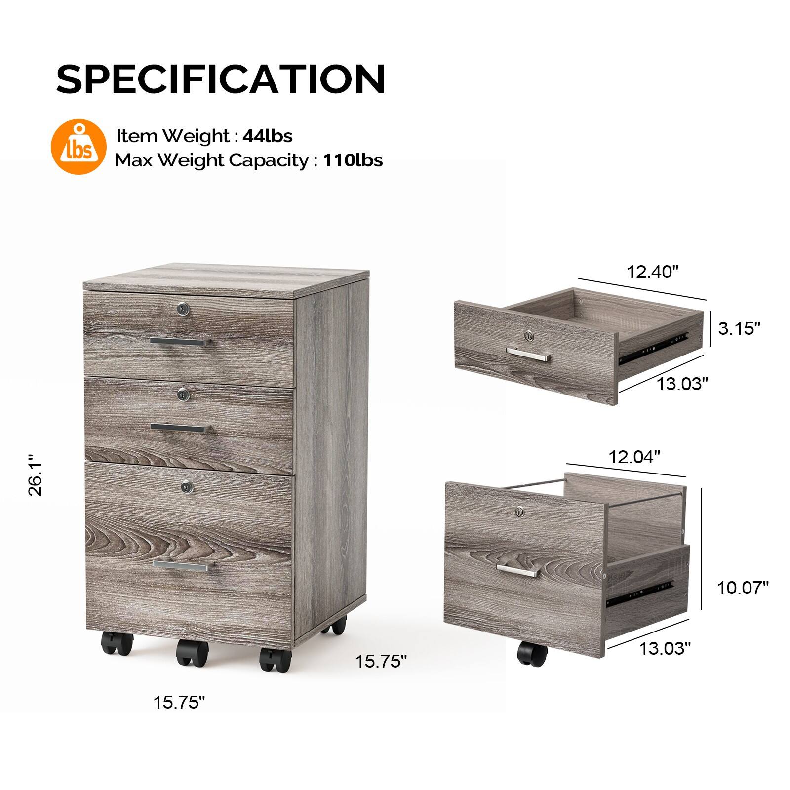 Alt View 2. Winado - 26"H 3 Drawer File Cabinet with Lock Wood File Cabinets with Hanging Bar - Gray Oak.