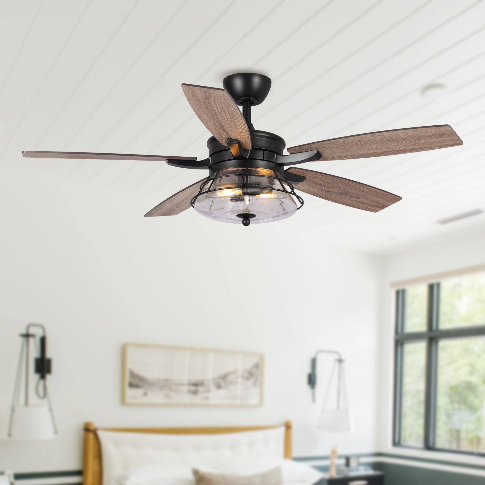 Angle. Parrot Uncle - 52" Seeded Glass Black Industrial Indoor Ceiling Fan with Remote and Light Kit - Black.