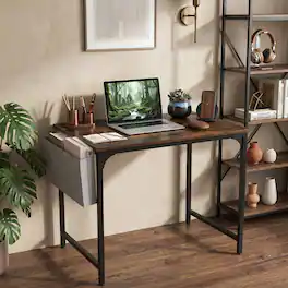 WELLFOR - 32" Computer Desk with Charging Station & Storage Bag, Study & Gaming Desk with Metal Frame for Small Spaces - Rustic Brown
