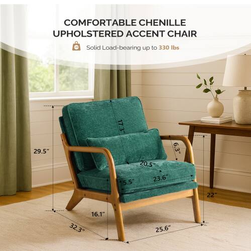 COMFORTABLE CHENILLE UPHOLSTERED ACCENT CHAIR

Solid Load-bearing up to 330 lbs

Dimensions:
- Height: 29.5"
- Width: 25.6"
- Depth: 22"
- Seat Height: 17.3"
- Seat Depth: 20.5"
- Armrest Height: 23.6"
- Back Height: 22"
- Seat Width: 16.1"
- Overall Height: 32.3"