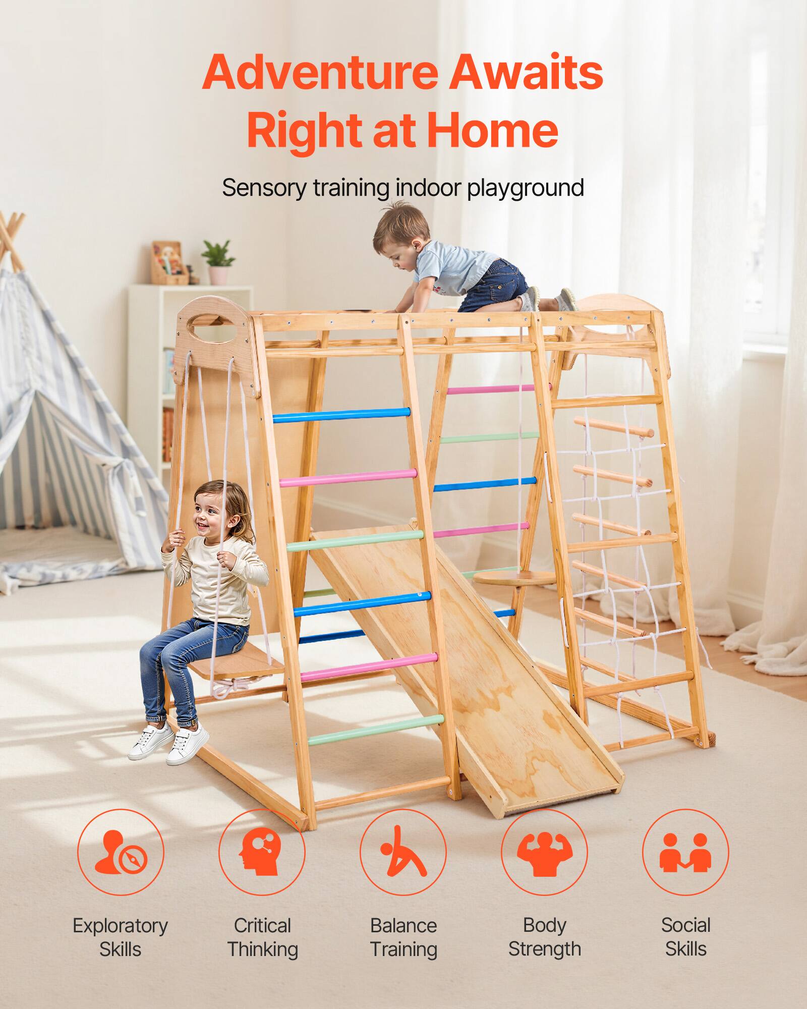 Adventure Awaits Right at Home  
Sensory training indoor playground  

- Exploratory Skills  
- Critical Thinking  
- Balance Training  
- Body Strength  
- Social Skills