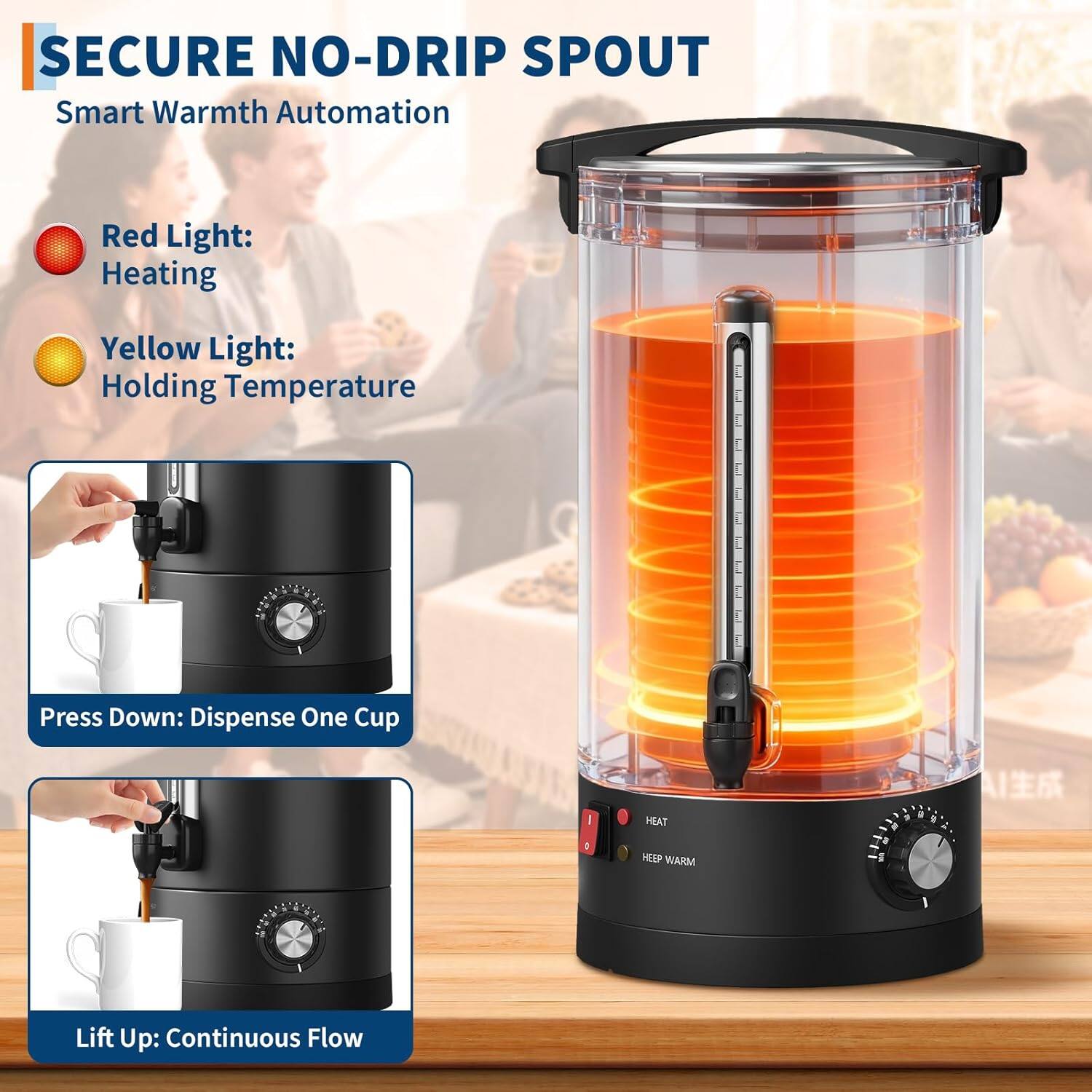 SECURE NO-DRIPT SPOUT  
Smart Warmth Automation  

Red Light: Heating  
Yellow Light: Holding Temperature  

Press Down: Dispense One Cup  
Lift Up: Continuous Flow