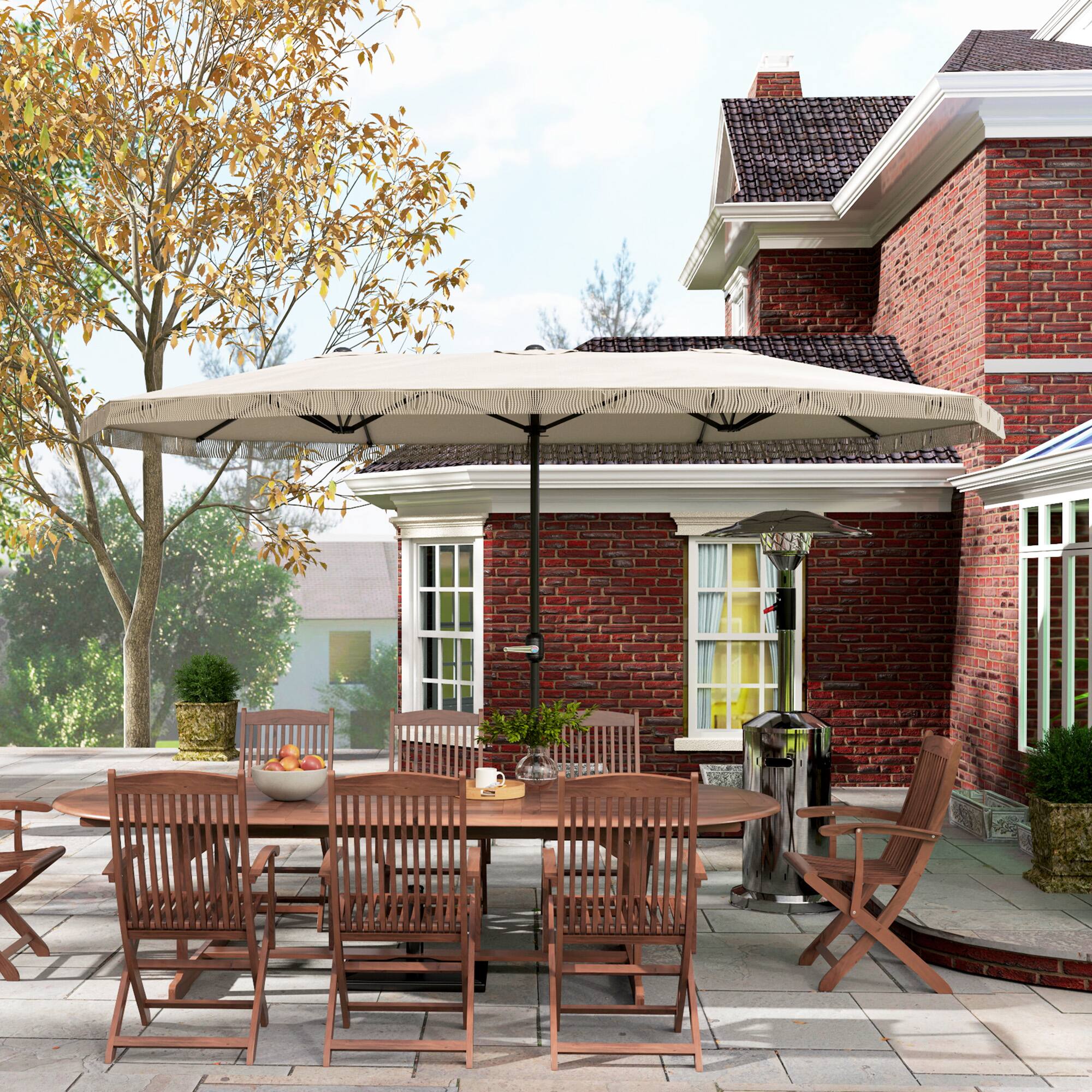 Alt View 4. Outsunny - 15ft Extra Large Patio Umbrella with Fringe, UPF30+ Double-sided Market Umbrella with Easy Crank Handle, 2 Vents - Cream.