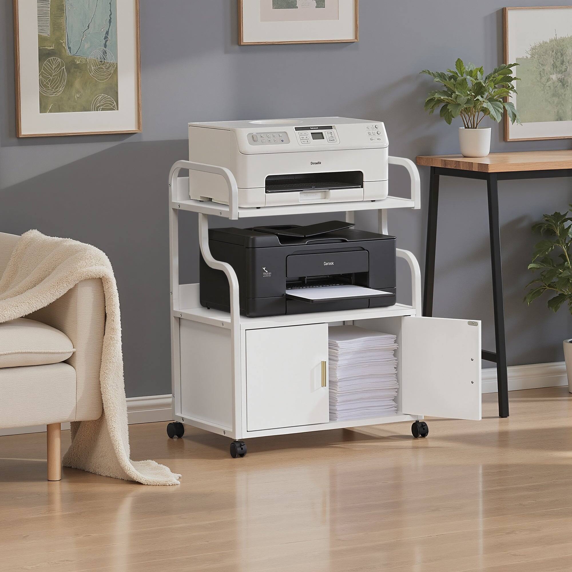 Alt View 4. Vecelo - 3 Tier White Printer Stand with Power Outlet & Door, Rolling Metal Printer Cart with Storage Shelves - White.