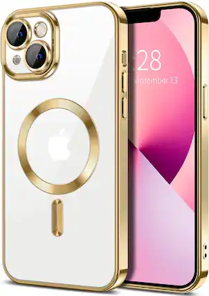Front. Entronix - Entronix Magnetic Case for iPhone 14 - Clear Back Luxury Glossy Cover - Gold.