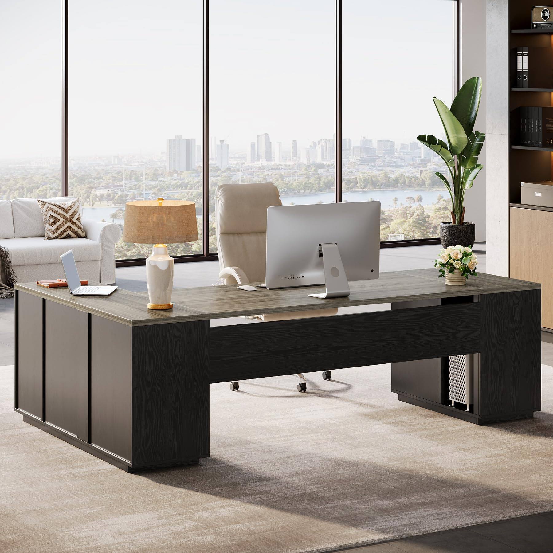 Tribesigns 85.8 Inch L Shaped Executive Desk Grey & Black - Best Buy
