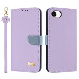 Dteck - For Apple iPhone 16e/17e Premium Leather Cute Bow-knot Card Slot Kickstand Flip Wallet Case With Crossbody/Wrist Strap - Purple