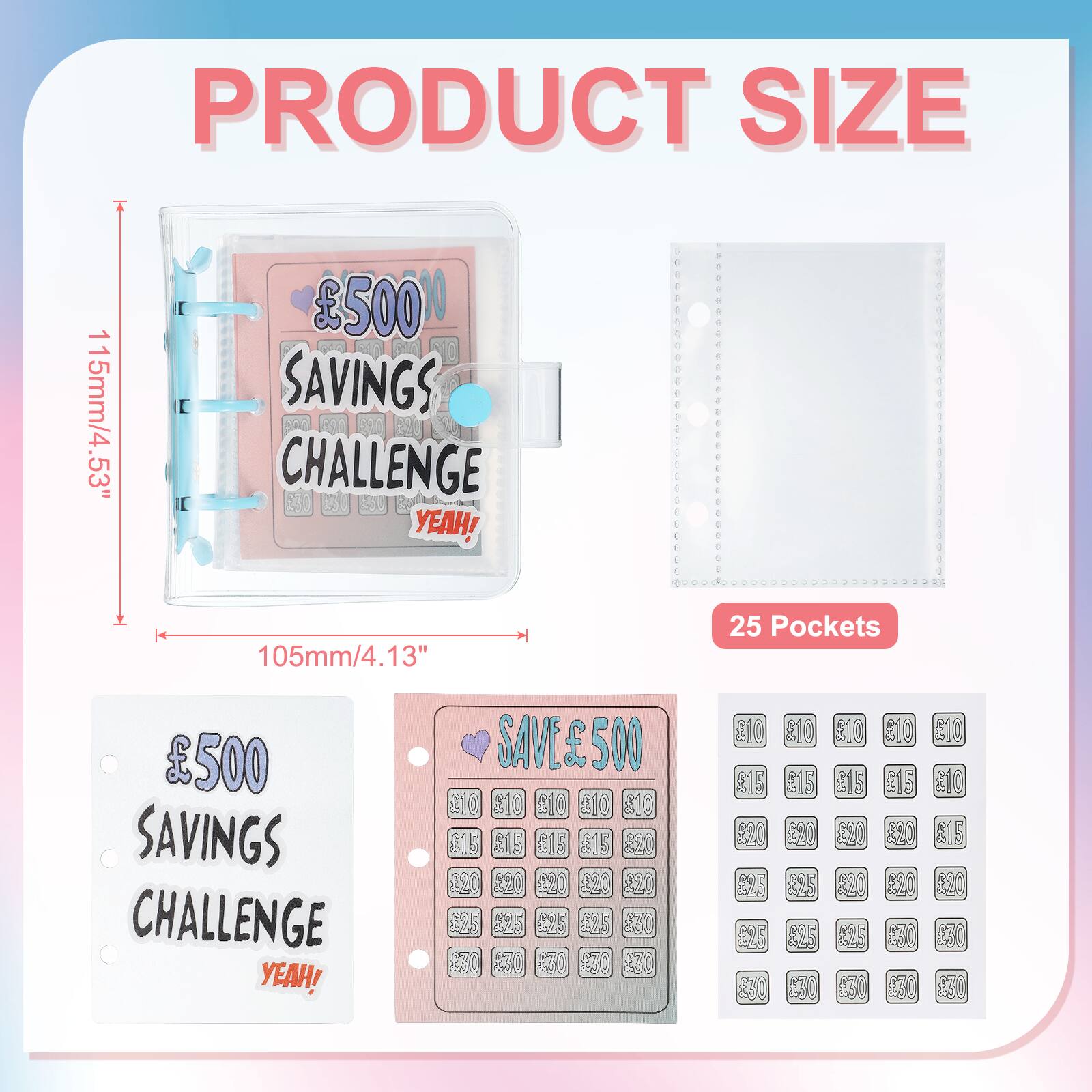 PRODUCT SIZE 115mm/4.53"  
105mm/4.13"  
25 Pockets  
£500 SAVINGS CHALLENGE YEAH!  
SAVE £500