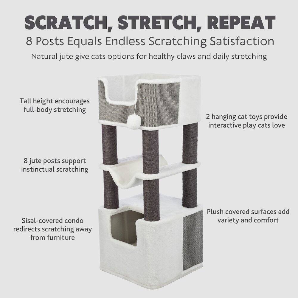 SCRATCH, STRETCH, REPEAT  
8 Posts Equals Endless Scratching Satisfaction  

Natural jute give cats options for healthy claws and daily stretching  

Tall height encourages full-body stretching  

8 jute posts support instinctual scratching  

Sisal-covered condo redirects scratching away from furniture  

2 hanging cat toys provide interactive play cats love  

Plush covered surfaces add variety and comfort