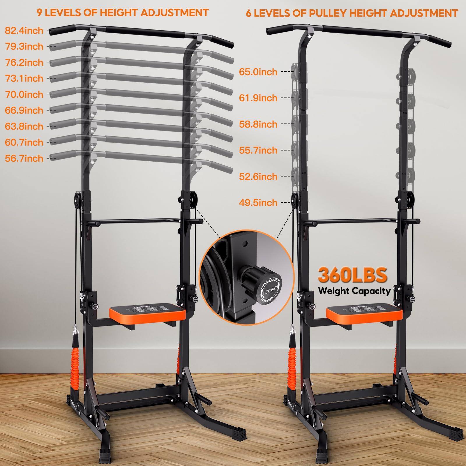 9 LEVELS OF HEIGHT ADJUSTMENT  
82.4inch  
79.3inch  
76.2inch  
73.1inch  
70.0inch  
66.9inch  
63.8inch  
60.7inch  
56.7inch  

6 LEVELS OF PULLEY HEIGHT ADJUSTMENT  
65.0inch  
61.9inch  
58.8inch  
55.7inch  
52.6inch  
49.5inch  

360LBS Weight Capacity