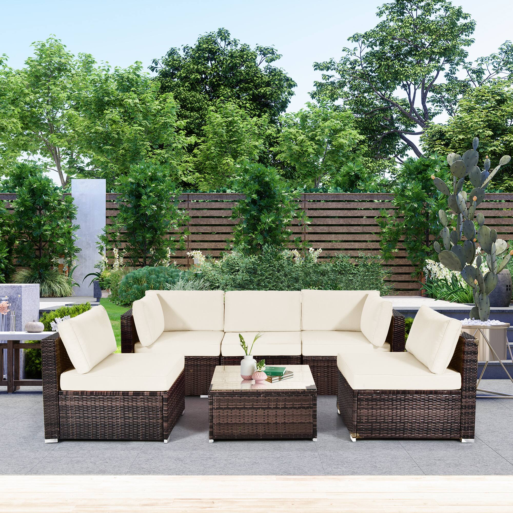 Alt View 2. Gymax - Gymax 6PCS Rattan Outdoor Sectional Sofa Set Patio Furniture Set w/ White Cushions - White.