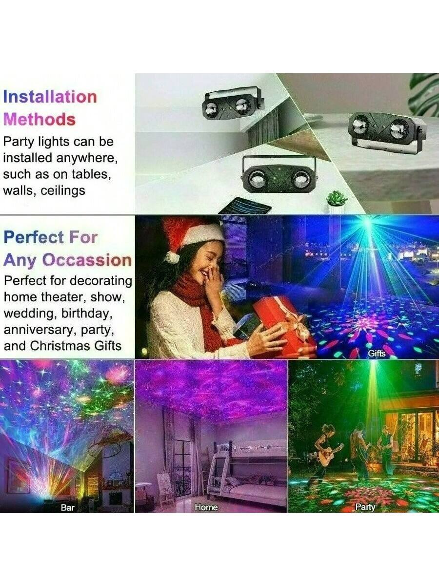 Installation Methods  
Party lights can be installed anywhere, such as on tables, walls, ceilings  

Perfect For Any Occasion  
Perfect for decorating home theater, show, wedding, birthday, anniversary, party, and Christmas Gifts  

Gifts  
Bar  
Home  
Party