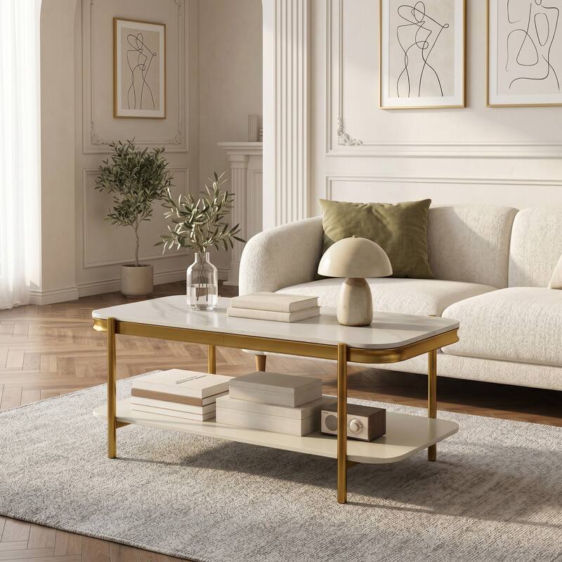 Angle. WELLFOR - 2-Tier Modern Coffee Table with Sintered Stone Top, Rectangle Living Room Center Table Cocktail Tea Table - White.