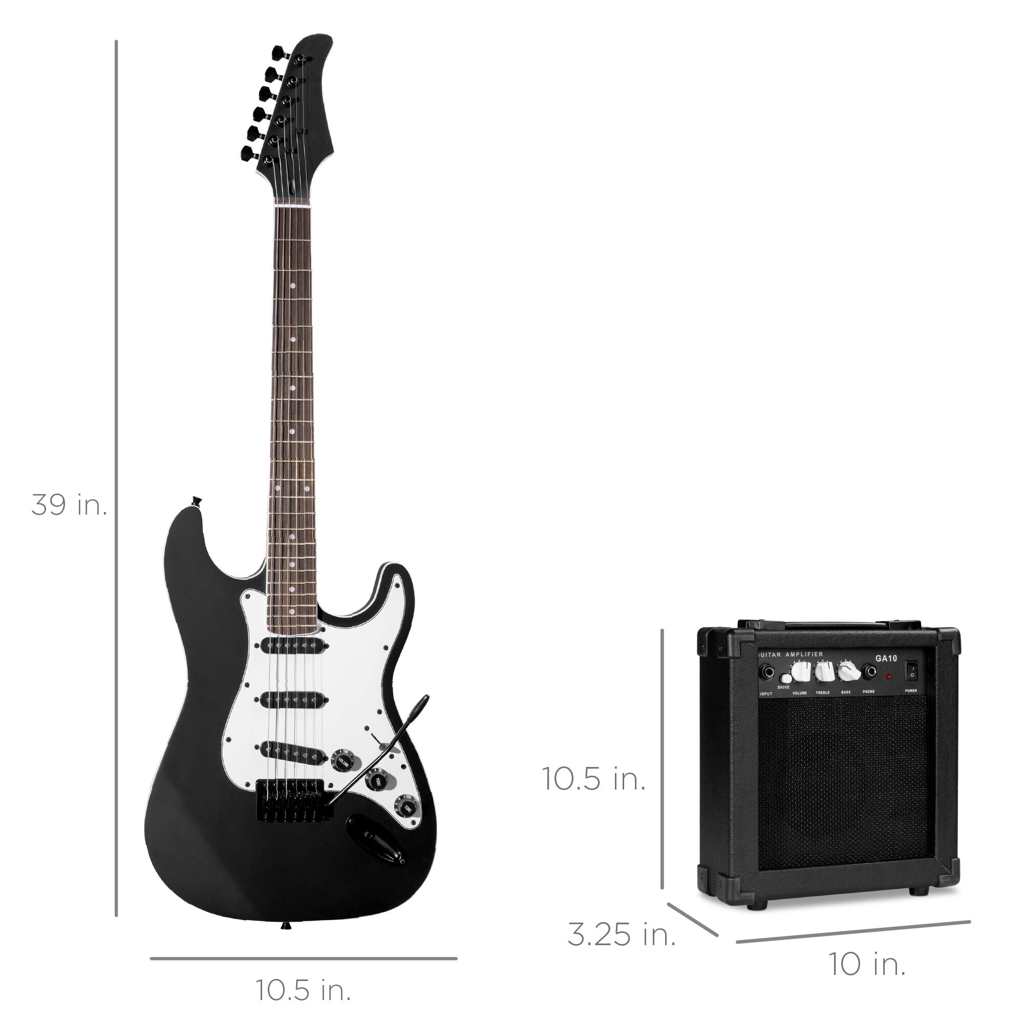 - Guitar: 39 in. (height), 10.5 in. (width), 10.5 in. (depth)
- Amplifier: 10.5 in. (height), 10 in. (width), 3.25 in. (depth)