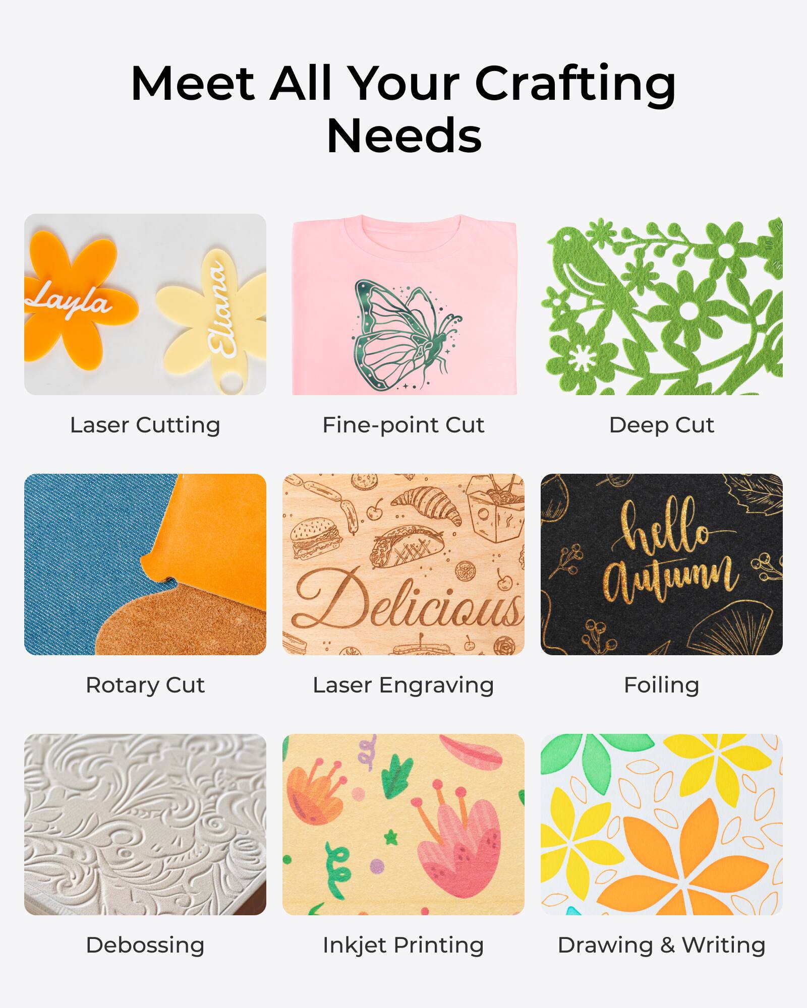Meet All Your Crafting Needs

Layla Eliana

- Laser Cutting
- Fine-point Cut
- Deep Cut
- Rotary Cut
- Laser Engraving
- Foiling
- Debossing
- Inkjet Printing
- Drawing & Writing