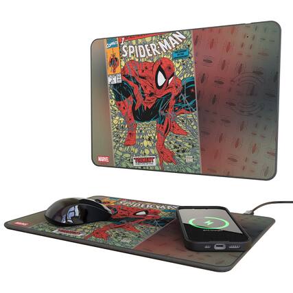 Sure, here is the corrected and grouped text from the image:
---
**Top Left:**
- MARVEL COMICS
- 1st ALBUM
- SPIDER-MAN
- THE LEGENDARY ADVENTURES OF THE AMAZING SPIDER-MAN
- TORMENT
- MARVEL
**Top Right:**
- FAST CHANGE
**Bottom Left:**
- MARVEL
- TORMENT
- MARVEL
**Bottom Right:**
- SPIDER-MAN
- MARVEL
**Mouse Pad:**
- SPIDER-MAN
- MARVEL
**Charger:**
- 87% Charged
---