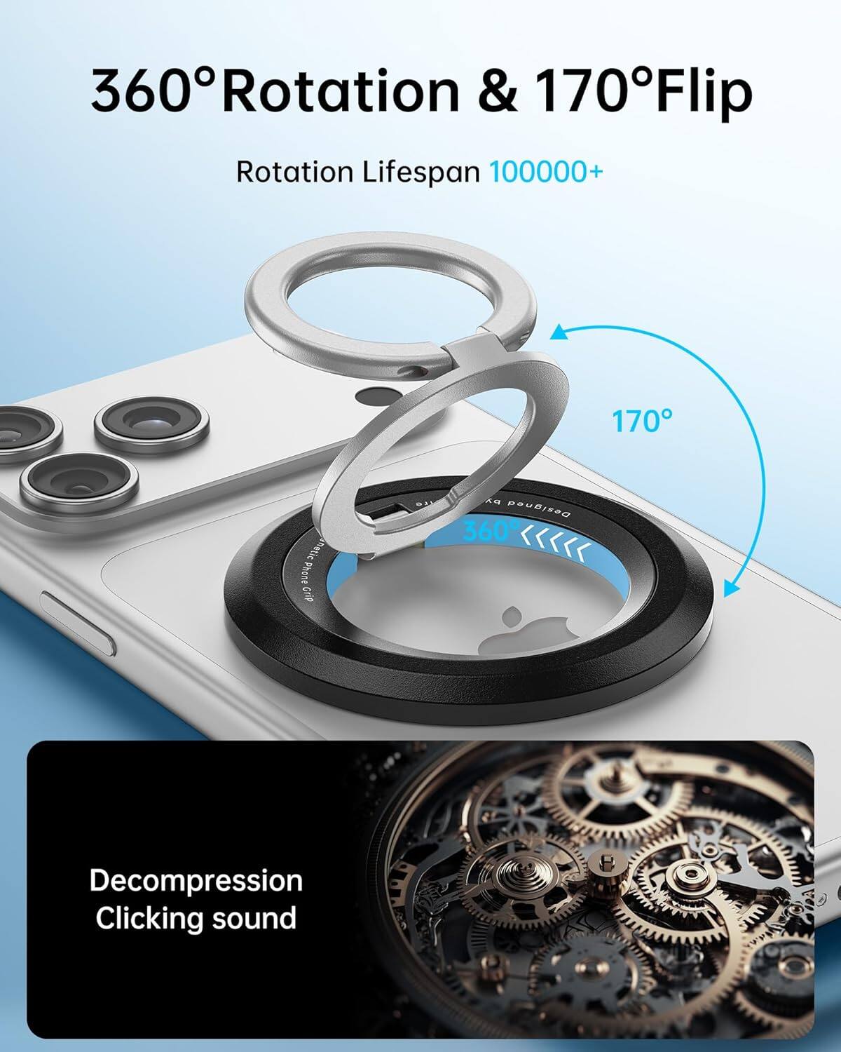 360° Rotation & 170° Flip  
Rotation Lifespan 100000+  
170°  
Decompression Clicking sound