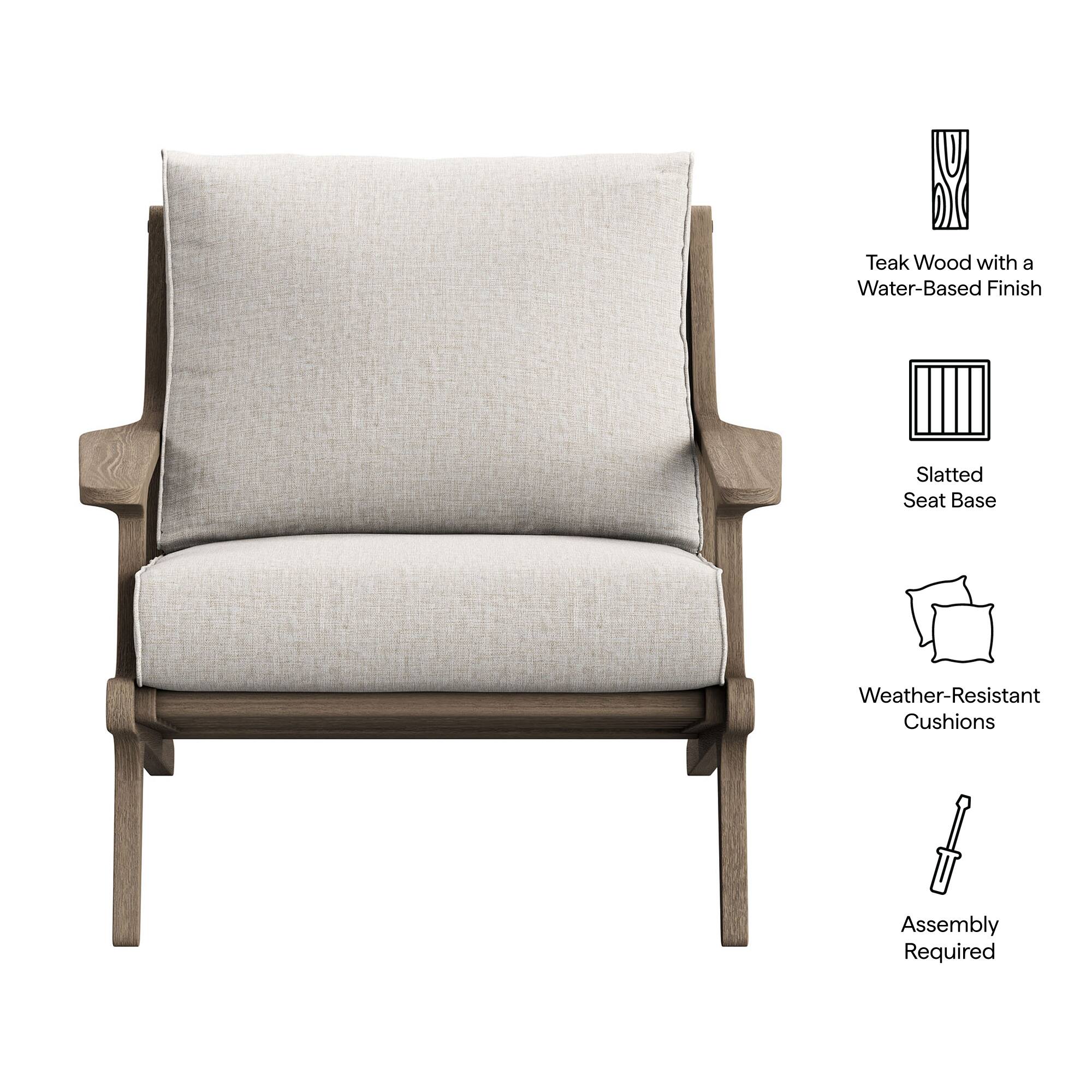 - Teak Wood with a Water-Based Finish
- Slatted Seat Base
- Weather-Resistant Cushions
- Assembly Required