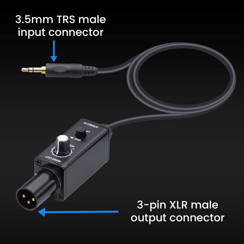 3.5mm TRS male input connector  
NI STEREO LIF GND VOL  
OUT MONO  
3-pin XLR male output connector