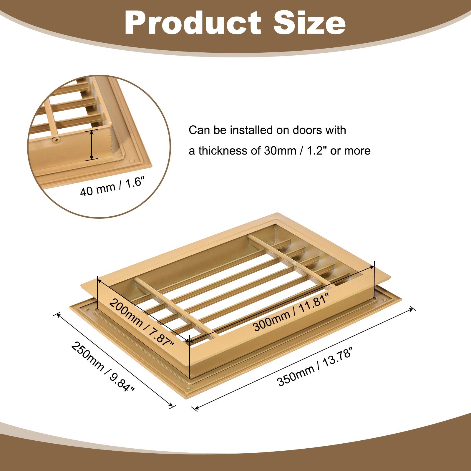 Product Size

Can be installed on doors with a thickness of 30mm / 1.2" or more

- 40 mm / 1.6"
- 200mm / 7.87"
- 250mm / 9.84"
- 300mm / 11.81"
- 350mm / 13.78"