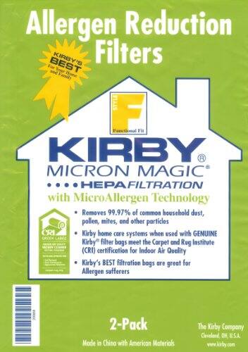 Allergen Reduction Filters

KIRBY's BEST  
For Your Home and Family

KIRBY  
MICRON MAGIC  
HEPAFILTRATION  
with MicroAllergen Technology

- Removes 99.97% of common household dust, pollen, mites, and other particles
- Kirby home care systems when used with GENUINE Kirby filter bags meet the Carpet and Rug Institute (CRI) certification for Indoor Air Quality
- Kirby's BEST filtration bags are great for Allergen sufferers

2-Pack  
Made in China with American Materials

The Kirby Company  
Cleveland, OH, U.S.A.  
www.kirby.com