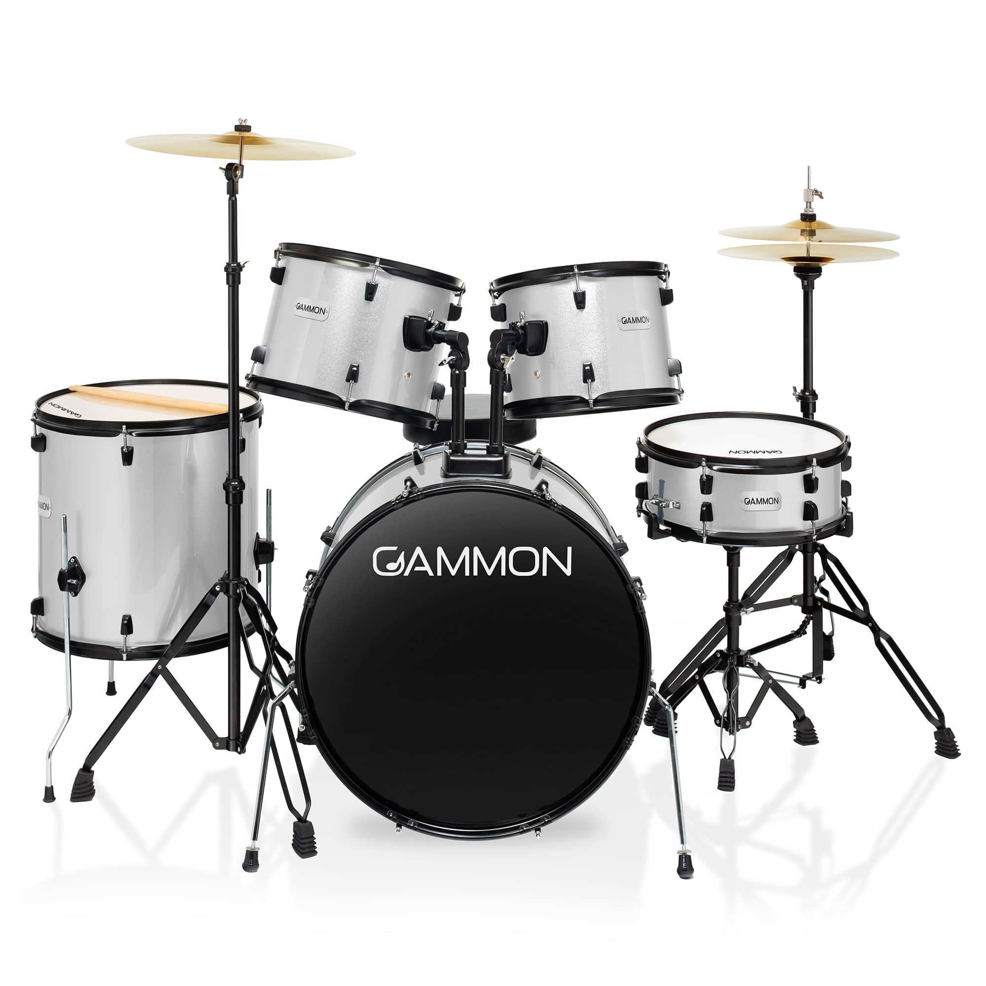 Gammon Percussion - 5pc Adult Drum Set - Full Size Beginner Percussion Kit with Stool - Silver