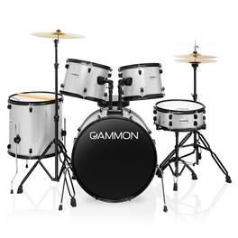 Gammon Percussion - 5pc Adult Drum Set - Full Size Beginner Percussion Kit with Stool - Silver