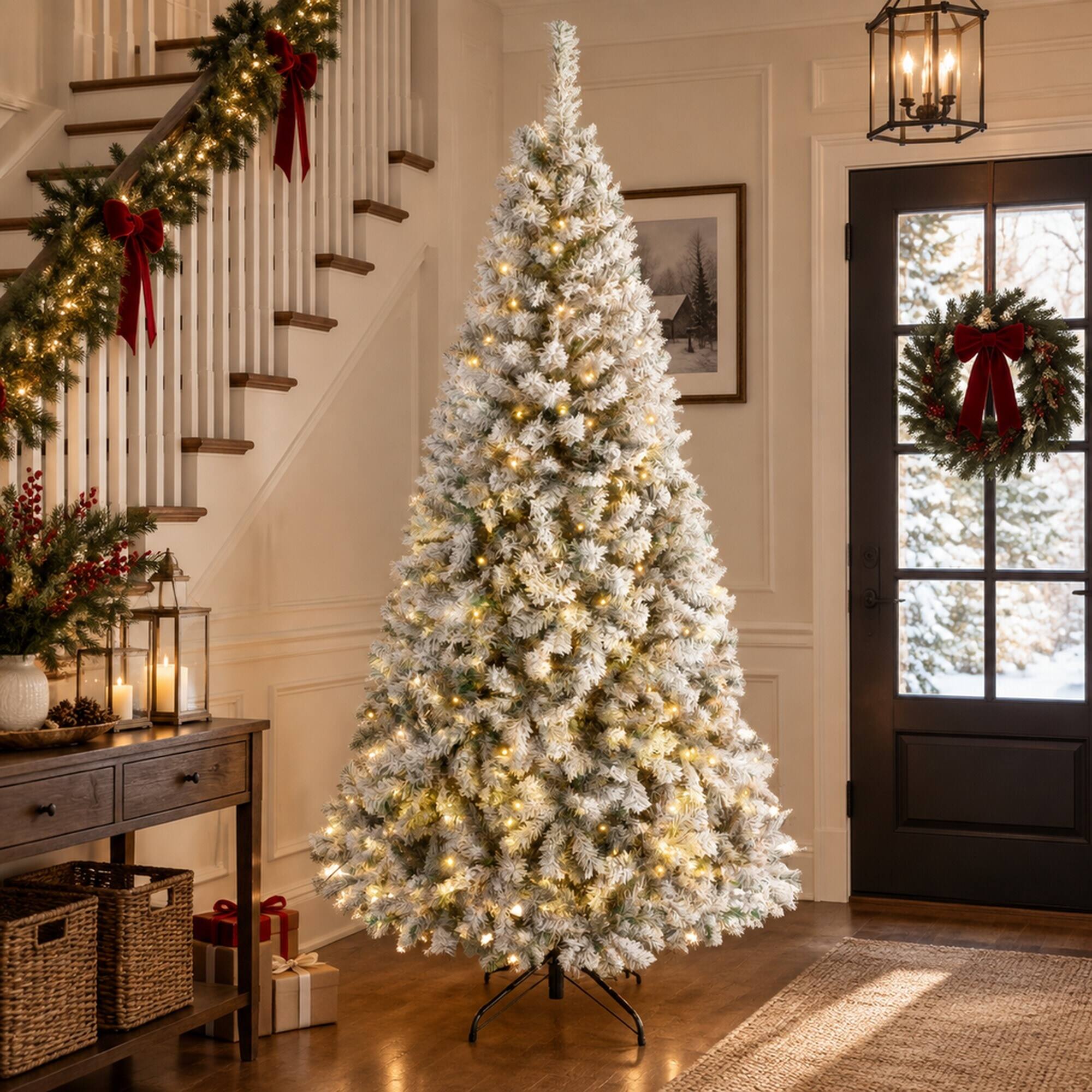 Alt View 1. RYHNUYNE - 6FT Pre-Lit Flocked Fraser Fir Christmas Tree With LED Lights and Hinged Branches, Foldable Metal Base - White.