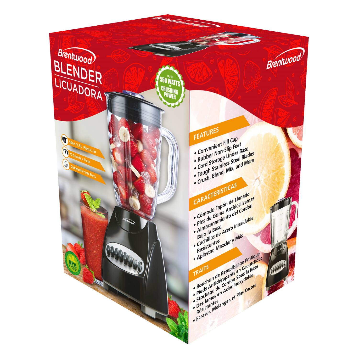 Brentwood Blender Licuadora 0 & 550 Watts Crushing Power

Features:
- Convenient Fill Cap
- Rubber Non-Slip Feet
- Cord Storage Under Base
- Stainless Steel Blades
- Tough Mix, Blend, Crush, and More

Características:
- Tapón de llenado conveniente
- Pies de goma antideslizantes
- Almacenamiento del cordón bajo la base
- Cuchillas de acero inoxidable
- Resistente, mezclar y más

Traits:
- Boucheon de remplissage pratique en caoutchouc
- Pieds antidrapants en caoutchouc
- Stockage du cordon sous la base
- Lames en acier inoxydable
- Résistant, mélanger et plus encore