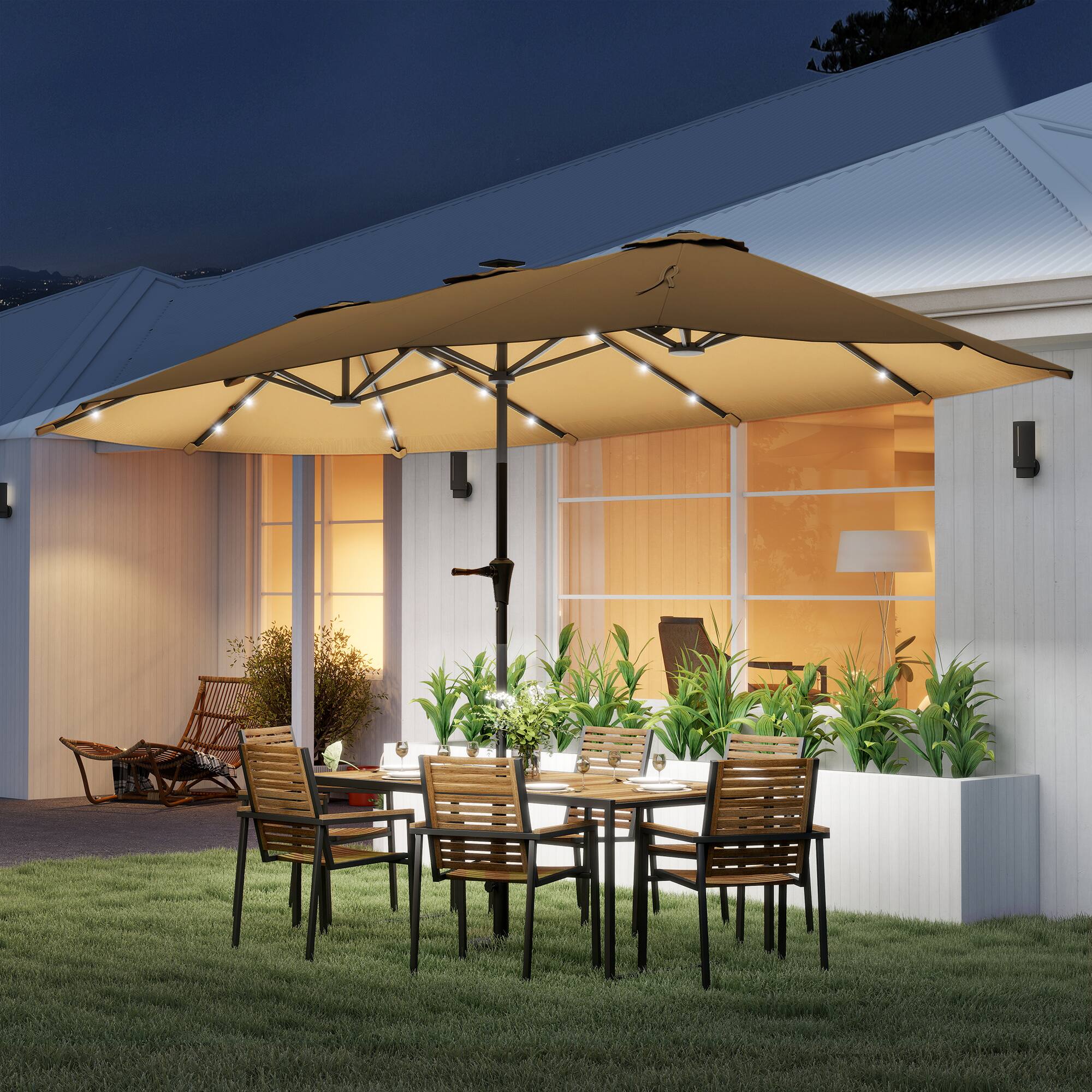 Alt View 1. Outsunny - Double-Sided Market Umbrella, Large Patio Umbrella with Solar Lights, Crank Handle for Garden, Pool - Khaki.