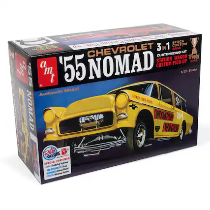 Chevrolet '55 Nomad
3 in 1 Customizing Kit
Station Wagon Trophy Series
Custom Pick-Up
1/25 Scale
Authentic Model
Totally Tuned Headers
Wompin' Wagon 164
Special Features:
- 3 in 1 Building Options
- Pre-Decorated Decal Sheet
- Expanded Window Option
- Tinted