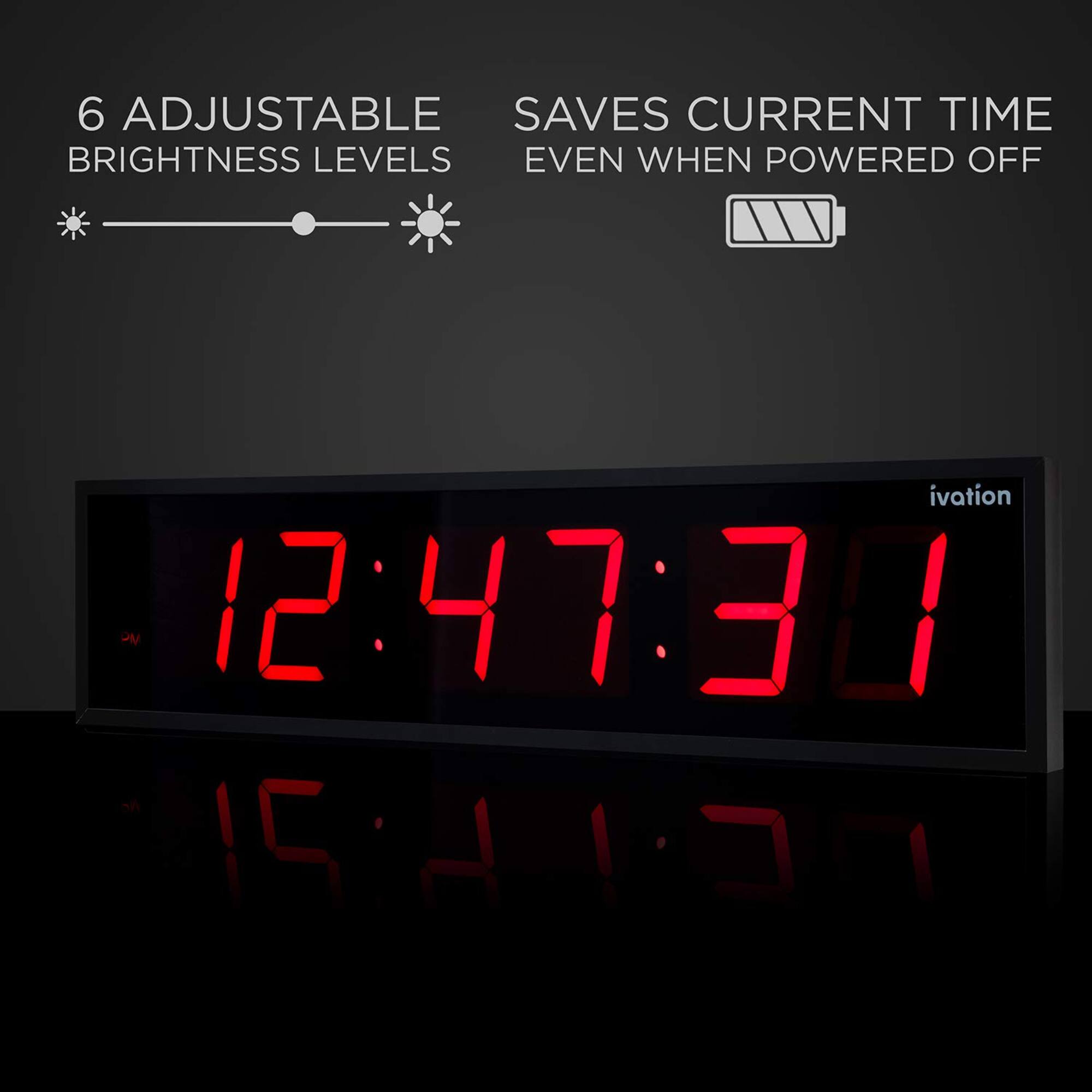 6 ADJUSTABLE BRIGHTNESS LEVELS, SAVES CURRENT TIME EVEN WHEN POWERED OFF, ivation, 12:47:30