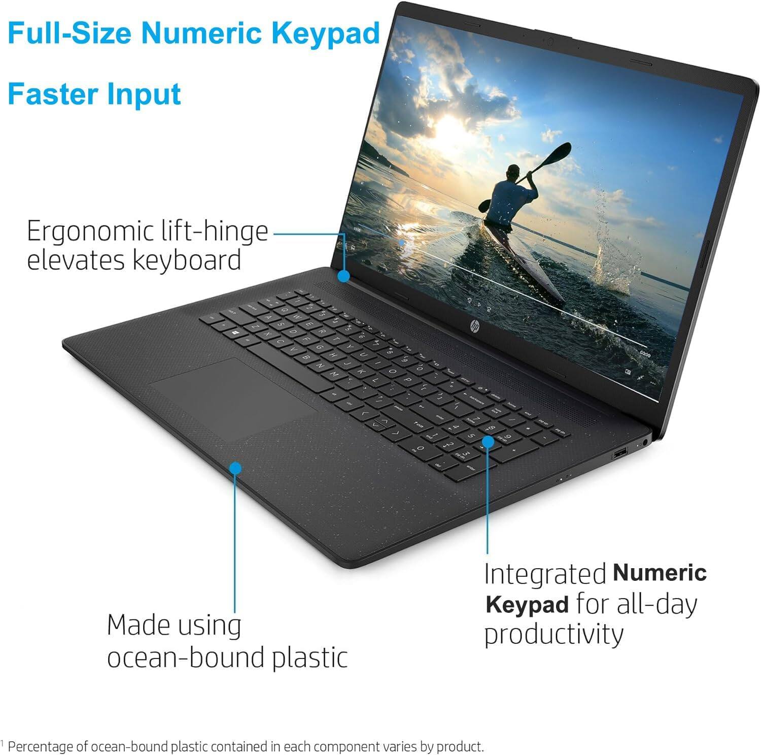 Full-Size Numeric Keypad  
Faster Input  

Ergonomic lift-hinge elevates keyboard  

Integrated Numeric Keypad for all-day productivity  

Made using ocean-bound plastic  

Percentage of ocean-bound plastic contained in each component varies by product.