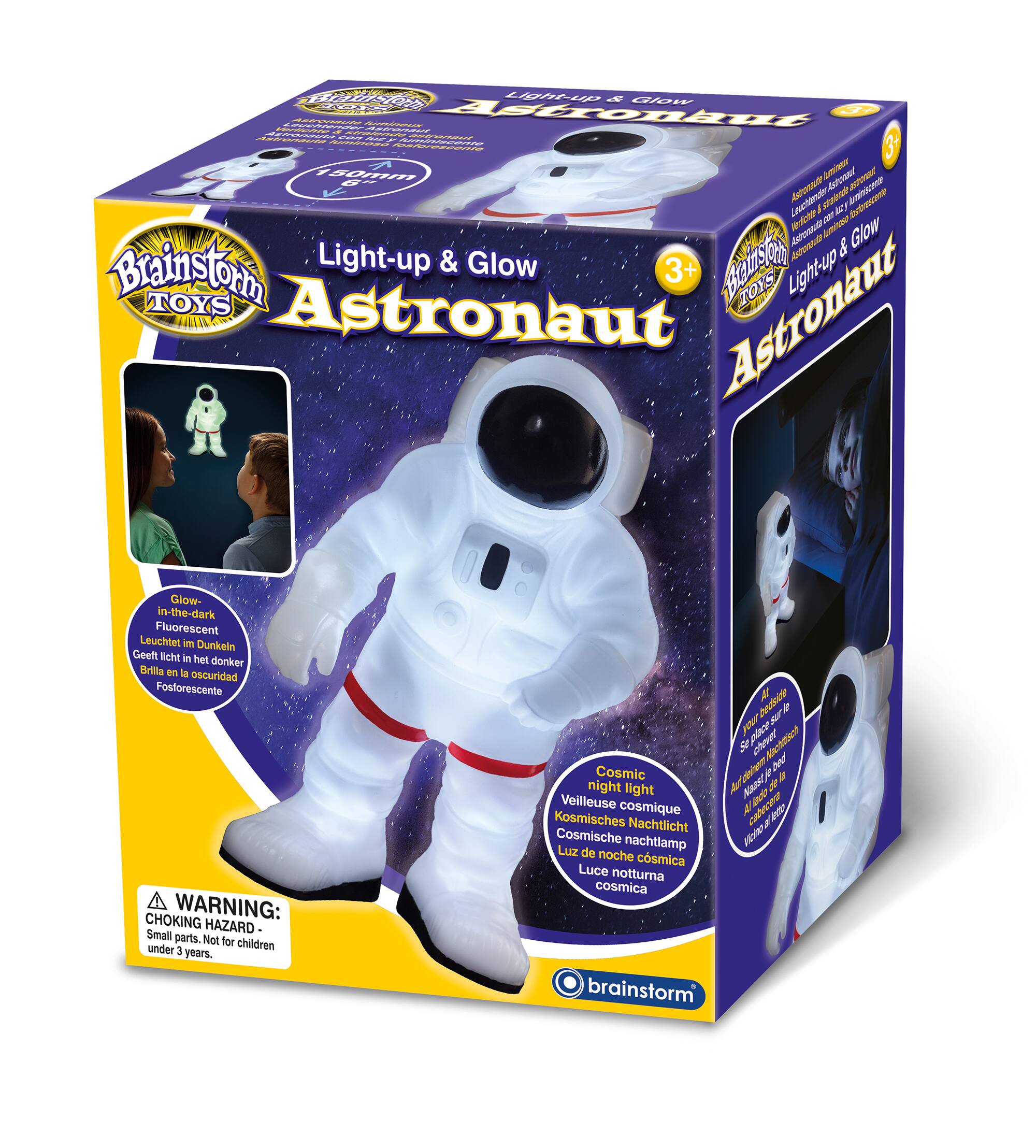 The text on the image is already grouped and correctly written. It reads: "Light-up & Glow Astronaut - 150mm enterprise Astronaut - Astronaut Glow-in-the-dark - Fluorescent - Choking Warning: Hazard - Small parts. Not for under 1 children years. Made at 124 Antenst Acronno & Glow Brainstorm Light-up TOYS TOYS Astronaut Astronaut Glow-in-the-dark - Fosforescente - Geeft licht in het donker - Brilla en a oscuridad - Cosmic 9 night light - Nachtlicht - Cosmische nachtlamp - Adatar Luz de noche - cosmica - Luce notturna cosmica - brainstorm."
