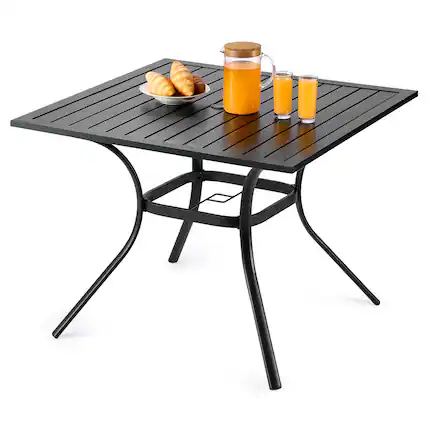 Front. VEVOR - Outdoor Patio Dining Table, 37 inch Square Metal Steel Slat Backyard Bistro Tables, with 1.5 in Umbrella Hole - Black.