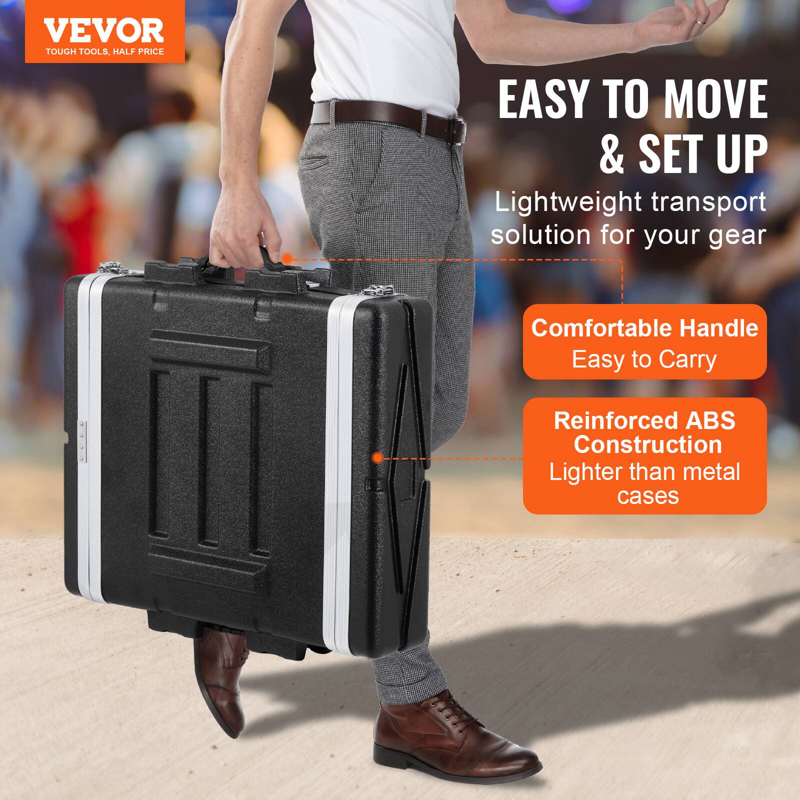 VEVOR  
TOUGH TOOLS, HALF PRICE  

EASY TO MOVE & SET UP  
Lightweight transport solution for your gear  

Comfortable Handle  
Easy to Carry  

Reinforced ABS Construction  
Lighter than metal cases